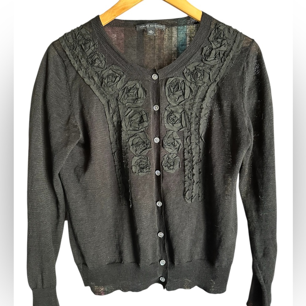 Banana Republic Black Linen Cardigan with Floral Ruffles S